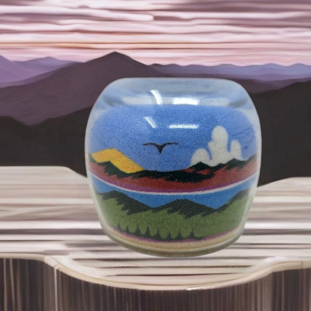 Sand Globe Art Painted Mountains Bird Cloud Glass Paperweight Arizona Artist